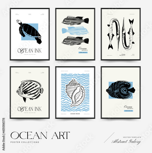 Abstract ocean and sea posters template. Modern sea Botanical trendy black style. Vintage seaweed, fish, shell. Ink wall  art.