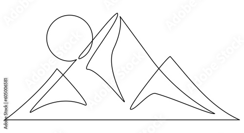 Mountain with sun one line drawn. Mountains sunset linear concept. Vector illustration isolated on white.