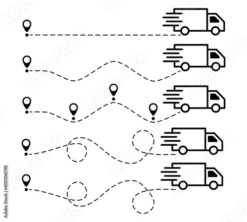 Car with location pin set. Truck silhouette driving on dotted path collection. Delivery automobile concept. Vector illustration isolated on white.