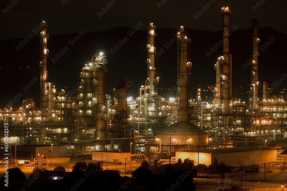 Oil refinery at night, AI Generated, environmental protection