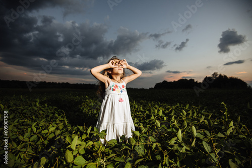A cute girl peeks out from the soybean field and smiles enigmatically. The child explores nature. The child has fun outdoors. Soybean field at sunset. © Oleksandr