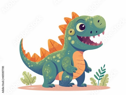 A  cute  cartoon dinosaur with a green head and tail © Olga