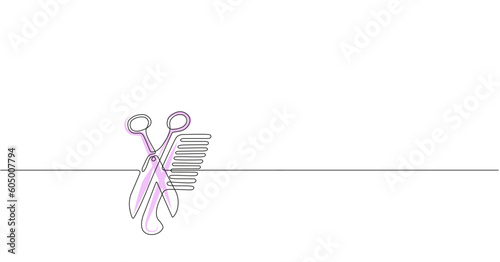 Scissors and comb vector one line creative illustration.