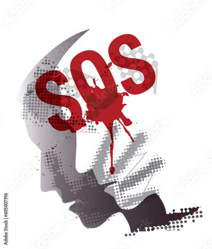 
Victim of Violence, war, two men. 
Human head silhouettes with hand print on the face and bleeding SOS inscription. Vector available.