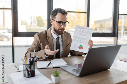 Wallpaper Mural bearded businessman in eyeglasses, tie and beige blazer showing document with market research and pointing with hand during video conference on laptop near notebook, smartphone and office stationery Torontodigital.ca