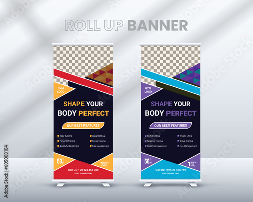 Creative Standee Design Template. Attractive Banner Template designs. Modern minimal  Fitness Roll Up Stand Banner Template design for social media promotion ads.