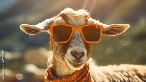 Funny sheep in sunglasses in trendy style on yellow background. Portrait summer. Pet care, generated AI Generative AI © KatrinaEra