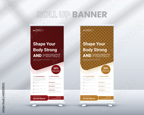 Modern minimal  Fitness Roll Up Stand Banner Template design for social media promotion ads. Creative Standee Design Template. Attractive Banner Template designs.