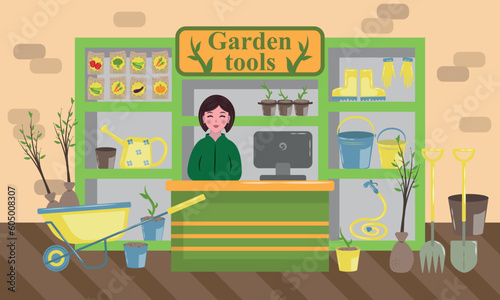 Shop of garden tools with all sorts of garden devices