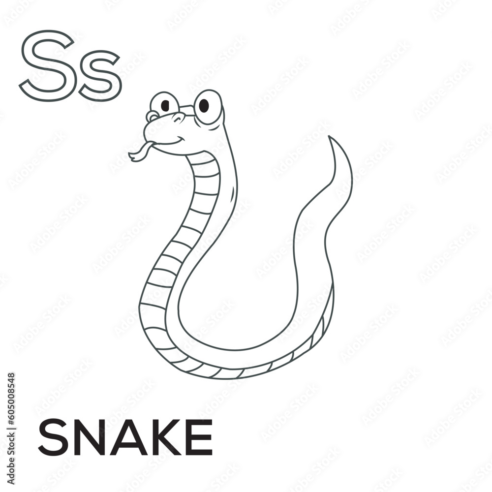 Fototapeta premium Vector alphabet animal snake for coloring with word hand drawn letter animal cartoon