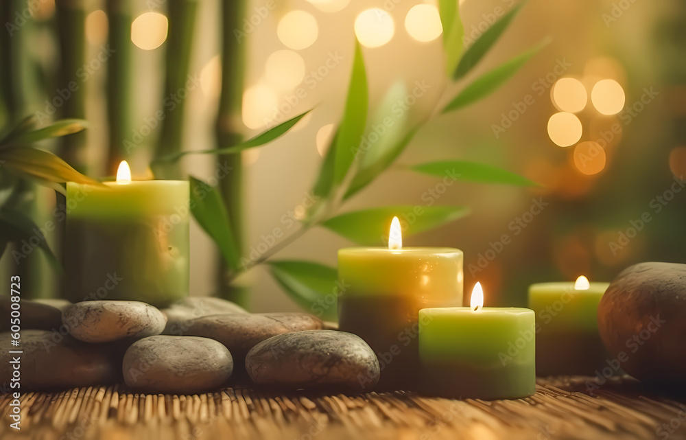 side view on a selection of smooth stones, candles and green leave building a wellness background side view on a selection of smooth stones, candles and green leave building a wellness background