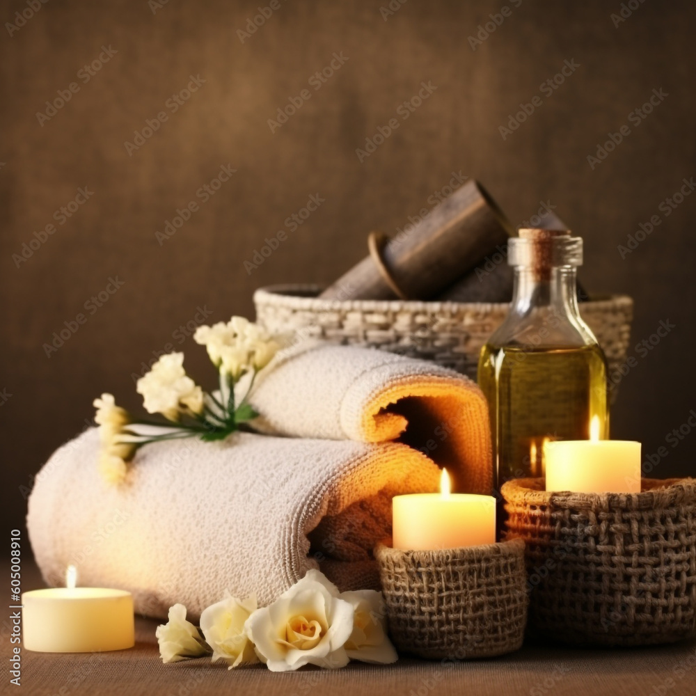 Spa still life with candles, towels and flowers on wooden background. Beauty treatment concept. Body care Still life. AI generated content.