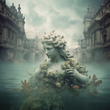 Statue of a mermaid in the lake, fantasy landscape. Art Illustration of a old european city half flooded by water. AI generated. Fantasy art picture of apocalypse in dark colors.
