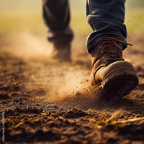 Close-up of man's feet wear boots walking on the ground in the field. Closeup shot. Brown soil. Low angle view. AI generated content.