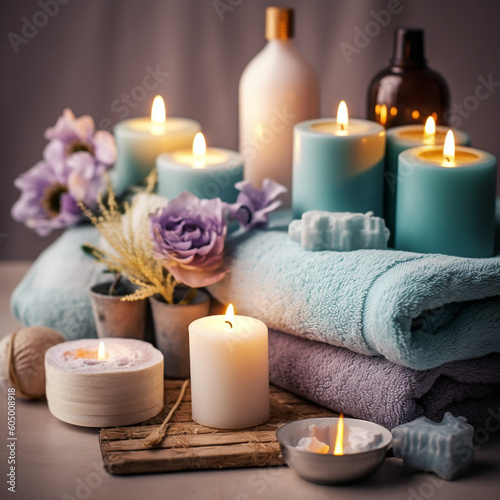 Spa still life with candles  towels and flowers on a table. Beauty treatment concept. AI generated content.