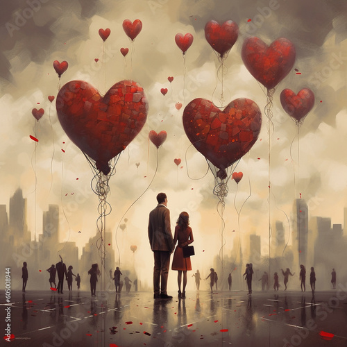 Romantic couple in love with red heart shaped balloon in the city. AI generated content.