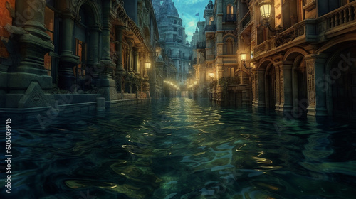 An art composition of a flooded old European city in dark tones. Art Picture of the old buildings after floods. Illustration of a town flooded by water. AI generated