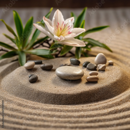 Spa zen composition with  stones and flower on yellow sand  shallow depth focus. Spa stones and lily flower on sand with creative design. Beauty treatments. Health care spa contact. AI generated.