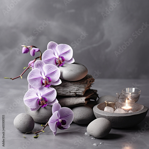 Spa still life, Spa zen composition with orchid flowers, stones and candles on grey background. Health care spa contact. AI generated.