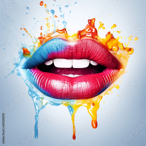 Beautiful female lips with bright makeup and colorful paint splashes around it. Multicolored creative makeup. Fashion face art, close up. Female lips with multicolored lipstick. AI generated content.