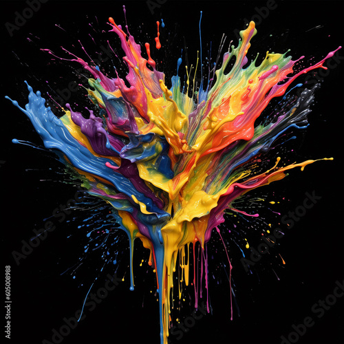 Colorful oil paint splashes on black background. Acrylic colors. illustration of multicolored oil splashes . Bright vivid acrylic splashes. AI generated