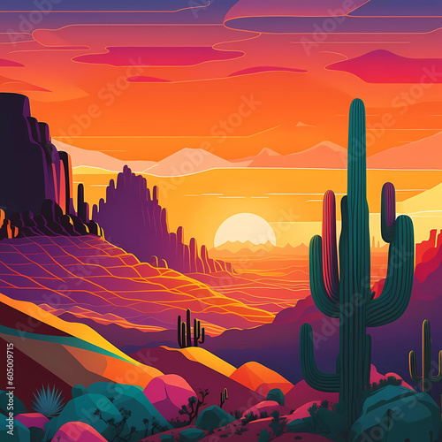 Desert with red sunset and cactus. Wallpaper. Generative AI