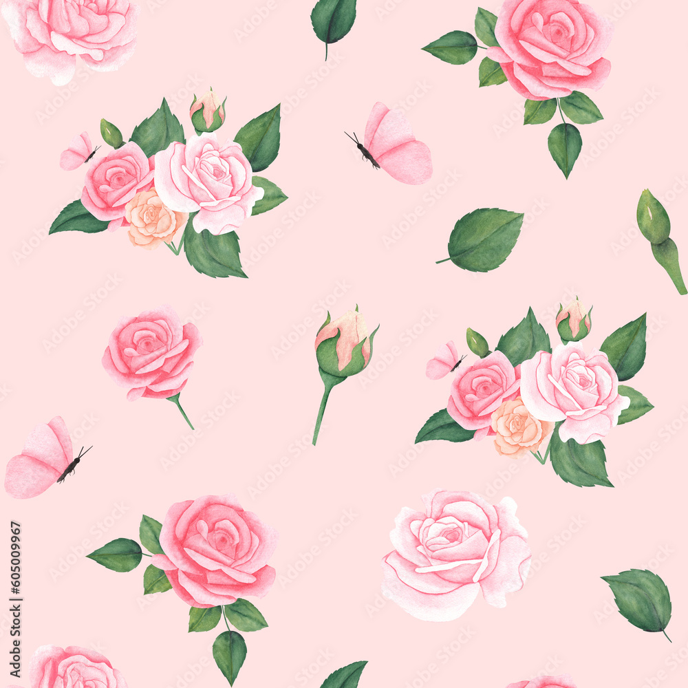 Seamless watercolor floral pattern - pink blush flowers elements, green leaves branches. for wrappers, wallpapers, postcards, greeting cards, wedding invites, romantic events