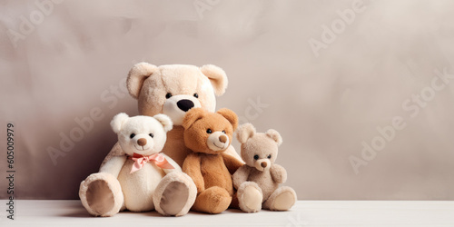 Cute teddy bears sitting together on brown background, copy space. Generative AI.