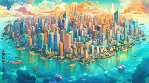 Hazy skyline  turquoise waters  multi-colored buildings  bustling city. Generative AI