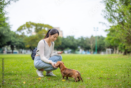 Woman feed her dog at park