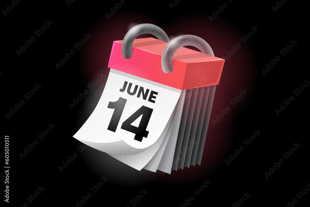 June 14 3d calendar icon with date isolated on black background. Can be used in isolation on any design.