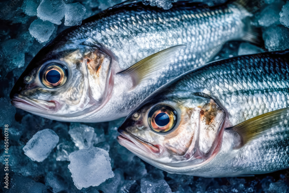 top down view of raw sea bream fish dorado on ice. space for text. generative AI top down view of raw sea bream fish dorado on ice. space for text. generative AI