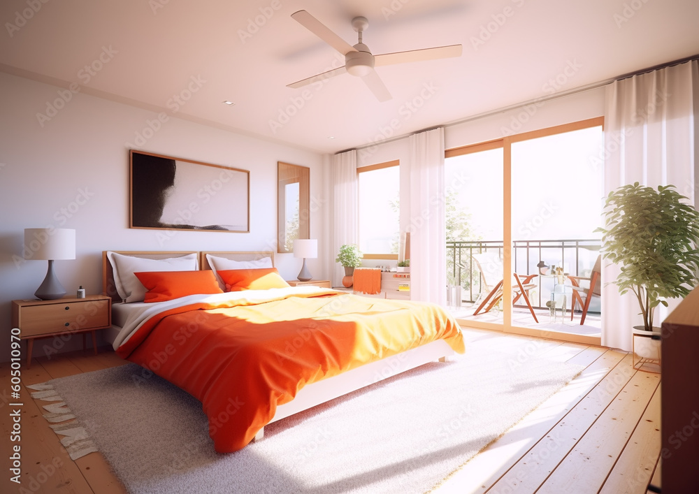 Stylish room interior with big comfortable bed Stylish room interior with big comfortable bed