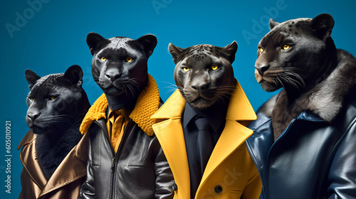Gang family of black panther in vibrant bright fashionable outfits, commercial, editorial advertisement, surreal surrealism. Group shot. Generative AI © RosCheng