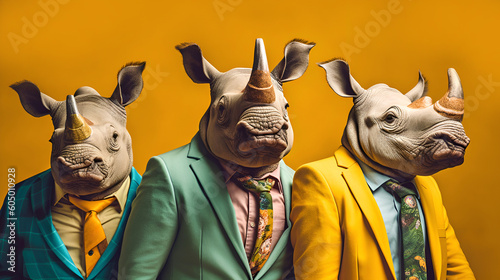 Fototapeta Naklejka Na Ścianę i Meble -   Gang family of rhino rhinoceros in vibrant bright fashionable outfits, commercial, editorial advertisement, surreal surrealism. Group shot. Generative AI
