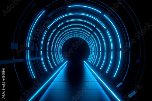 Futuristic sci-fi blue neon light tunnel generative ai corridor