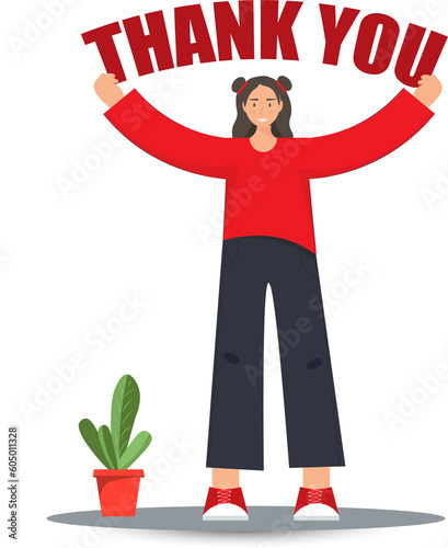 Person holding message with text Thank you, flat vector illustration