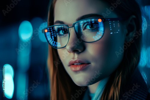 Close up of a beautiful girl with glasses while she is working with a futuristic computer with holograms. Concept: Future, technology, work. Ai generated