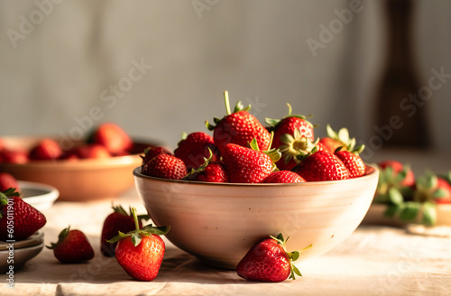 a bowl of strawberries sitting on a white table