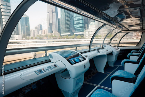 Futuristic Train interior inside view. Futuristic train interior with empty seats. Generative Ai. © Frenchiebuddha