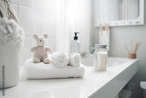 Baby, Child accessories for care in the bathroom, foam, towel, bottle, jar, toy, etc. Generated Ai