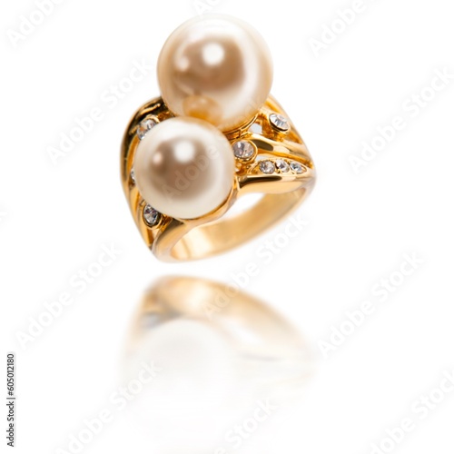 Closed up white pearl with diamond and gold ring isolated on white 