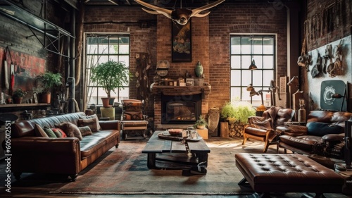 Living room decor, home interior design . Rustic Industrial style with Fireplace decorated with Wood and Metal material . Generative AI AIG26.