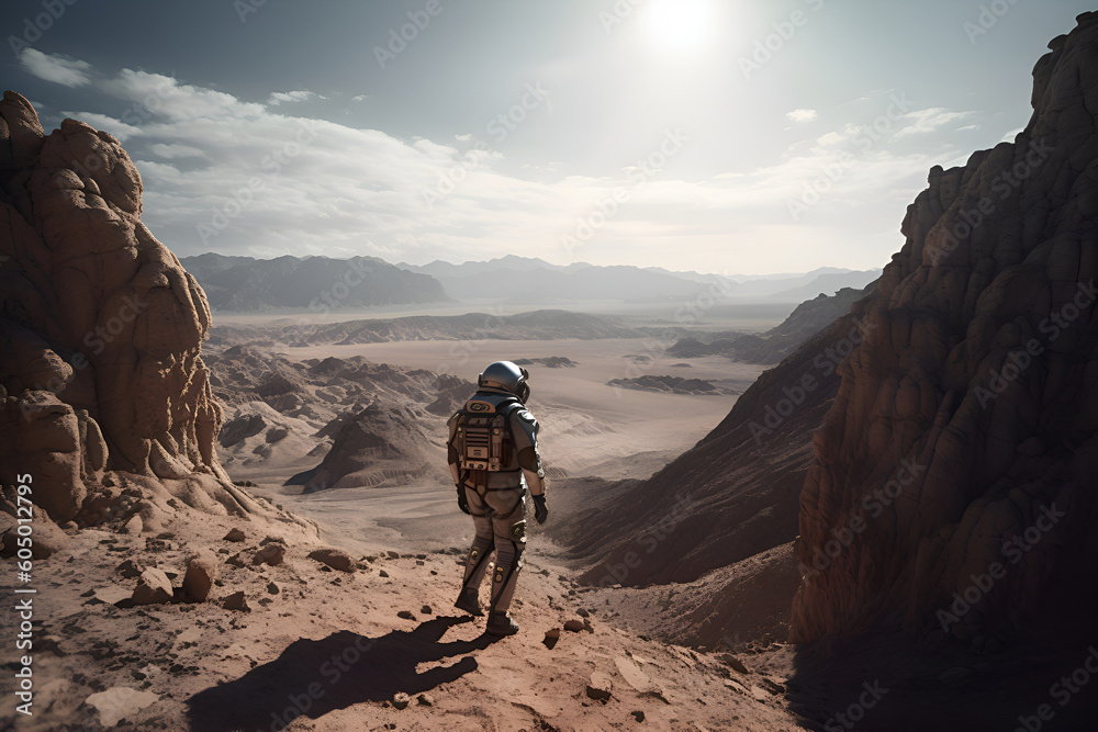 Fototapeta premium Astronaut in a spacesuit on the surface of Mars, Generative AI