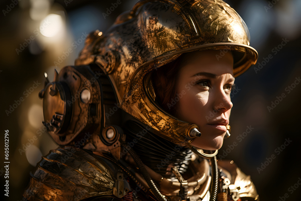 Female astronaut in a golden spacesuit near a spaceship on the surface of Mars, Generative AI Female astronaut in a golden spacesuit near a spaceship on the surface of Mars, Generative AI