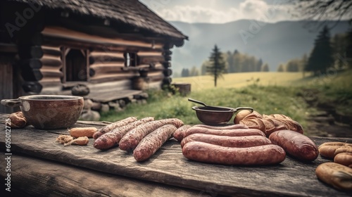 German Bratwurst on a Rustic Countryside Table