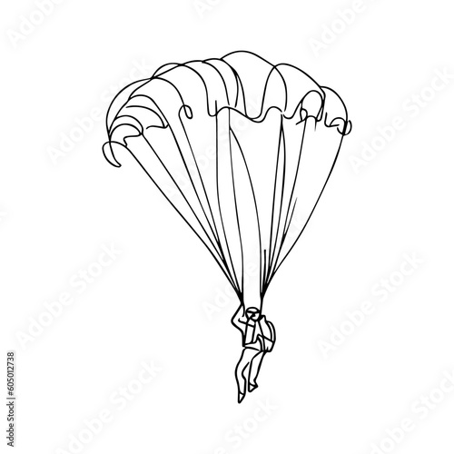 One line vector illustration. Skydiver in the sky. Minimalism. Paratrooper on a parachute.