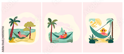 Women relaxing at the beach. Woman reclining in coastal hammocks, savoring sunny alfresco. Vacation mood concept. Vector illustration.