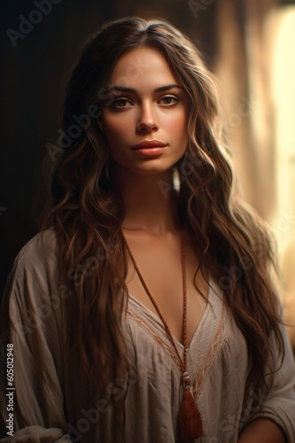 AI-generated non-existing beautiful young brunette woman boho-inspired