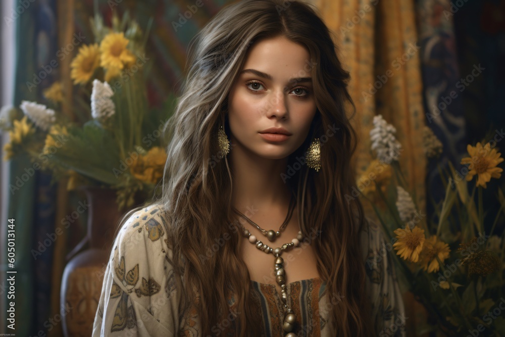 AI-generated non-existing beautiful young brunette woman boho-inspired